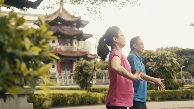 详情图-两个活跃的亚洲老年人在公园里打太极(慢动作)