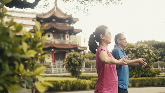 详情图-两个活跃的亚洲老年人在公园里打太极(慢动作)