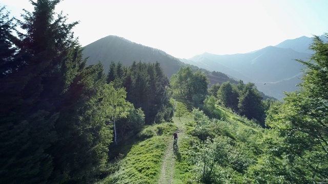 骑山地车的人沿着森林小径鸟瞰图在夏天晴朗的一天。越野摩托车。空中越野自行车在赛道上骑行。在山间的小路上骑山地电动自行车