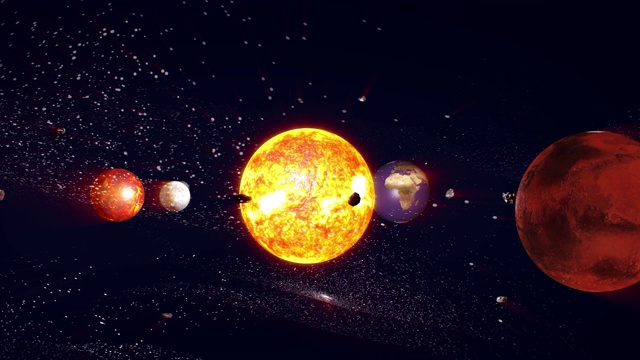 太阳和太阳系的行星动画，3D渲染