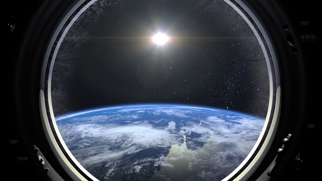 通过宇宙飞船的大舷窗看到的地球。国际空间站绕地球运行。现实的气氛。3 d体积云。空间。国际空间站。4 k。