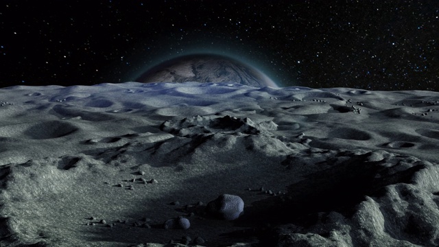 从月球表面的火山口拍摄的蓝色行星地球