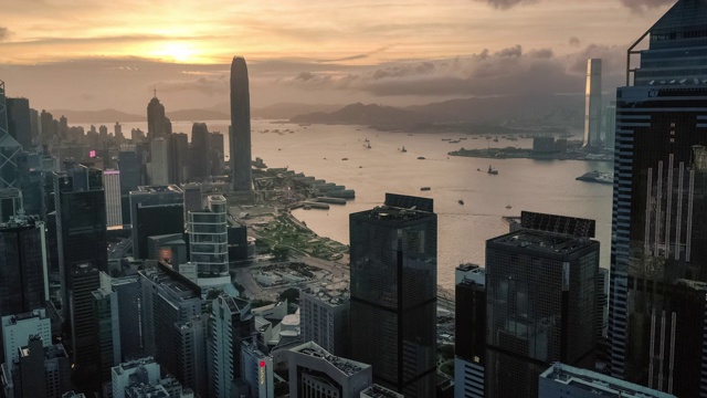 夕阳下的香港城市天际线