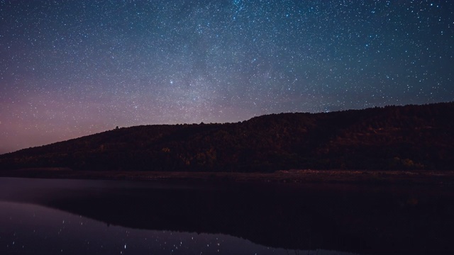 夜晚的山河星空。星座和行星倒映在水中。银河系在长时间曝光后经过。自然、宇宙、星系、天文学概念。