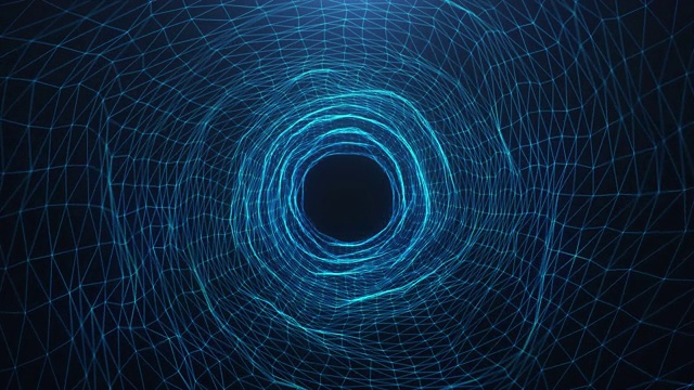 抽象运动数字虫洞，隧道组成的蓝色闪烁粒子和线。穿越数字网络的美丽蓝色粒子。无缝可循环3D 4K动画