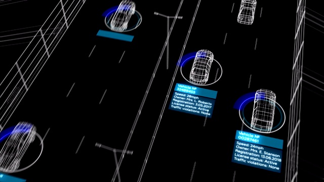 高速公路无缝线路识别监控抽象系统工作过程演示。循环三维动画未来的控制系统分析汽车和司机在道路上