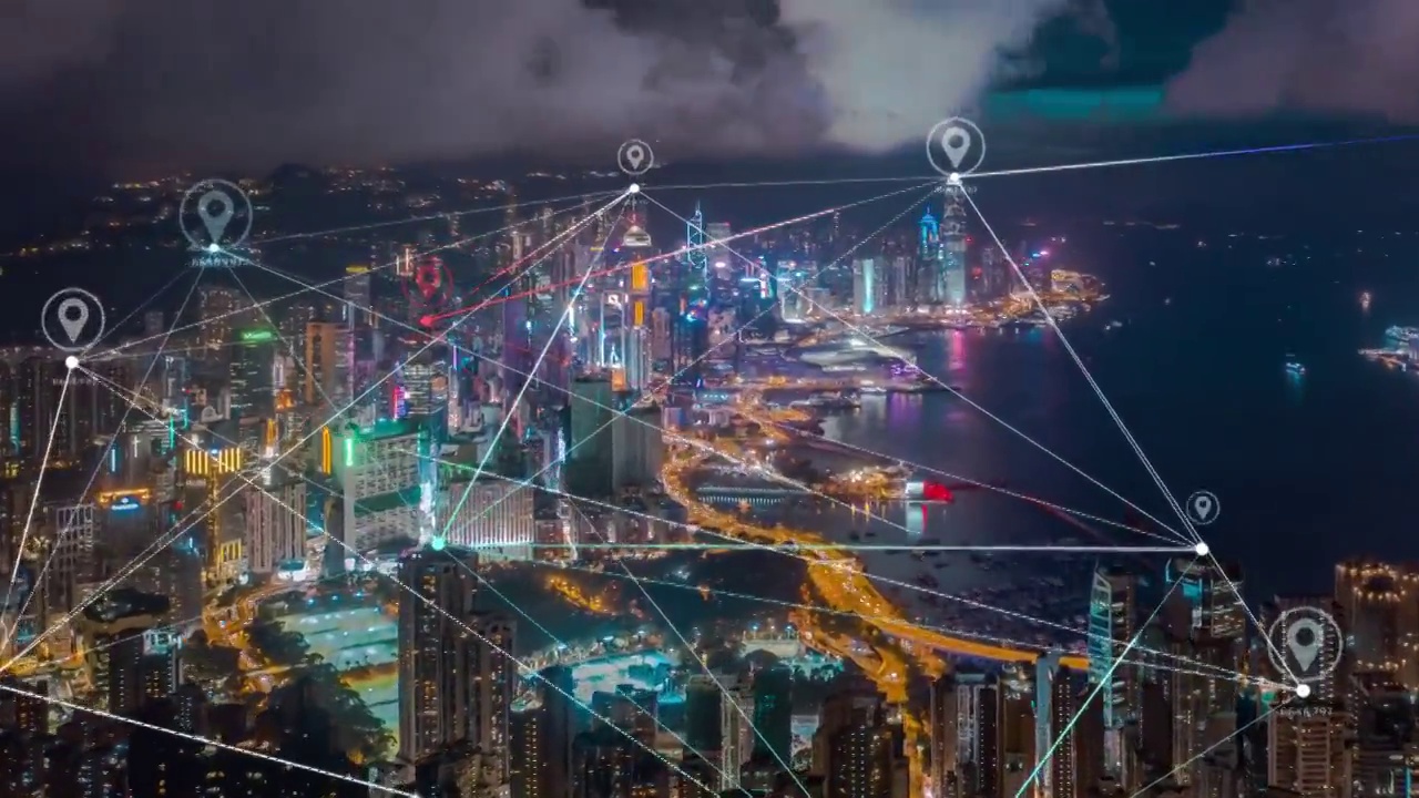 4k分辨率香港鸟瞰图，数据网络连接技术概念。智慧城市概念、通信网络、物联网概念
