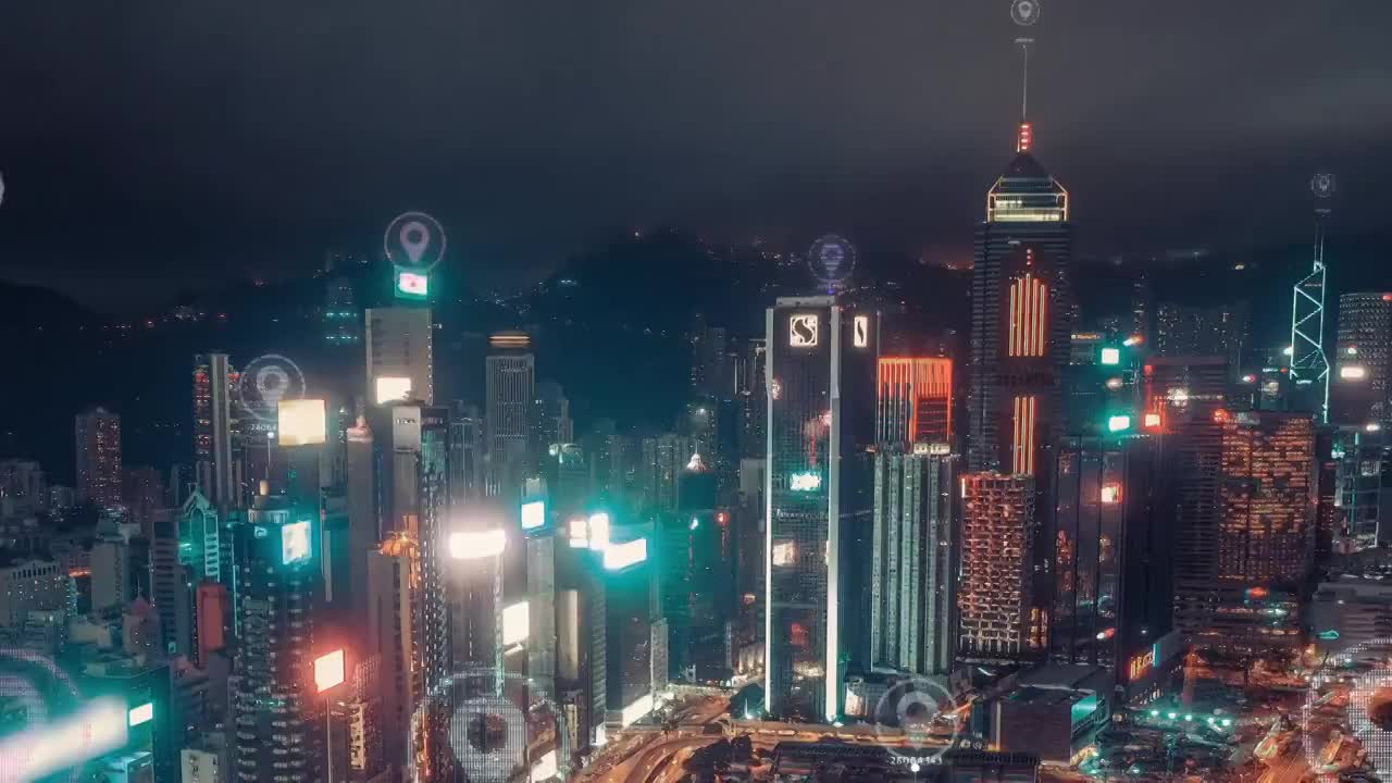 4k分辨率香港鸟瞰图，数据网络连接技术概念。智慧城市概念、通信网络、物联网概念