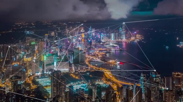 4k分辨率香港鸟瞰图，数据网络连接技术概念。智慧城市概念、通信网络、物联网概念