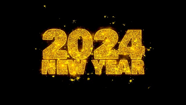 2024年新年祝愿文本火花粒子在黑色背景。