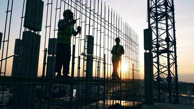 詳情圖-夕陽建筑工地，工程師在制作金屬骨架