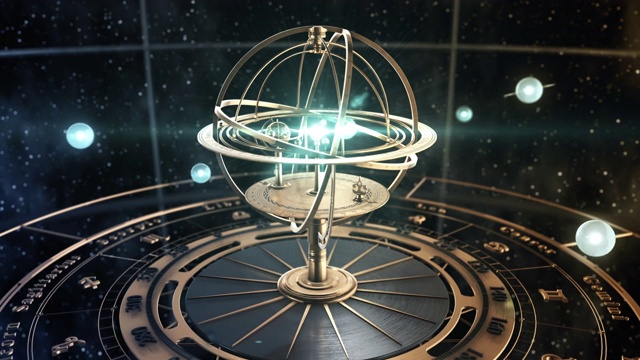 4 k。星空背景下的浑天仪和星象。