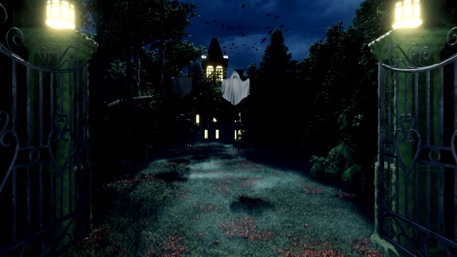 詳情圖-一個廢棄的恐怖的老房子，在夜晚的森林與幽靈和神秘的霧。發(fā)光的南瓜，慶祝萬圣節(jié)。萬圣節(jié)恐怖的概念。