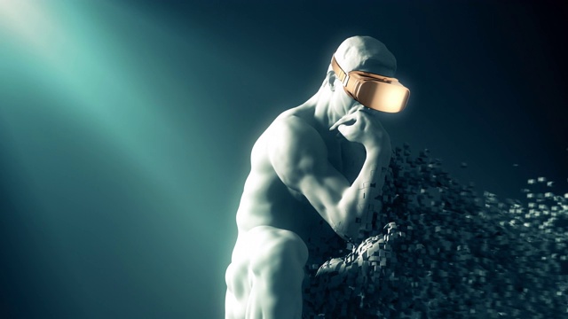 詳情圖-4,k。雕塑思想者與黃金VR眼鏡分解成3D像素。