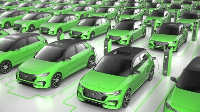 詳情圖-俯視圖綠色電動自動駕駛汽車在充電站充電