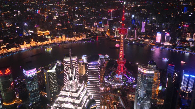 上海夜景鸟瞰图，70国庆灯光秀，4k镜头，延时视频。