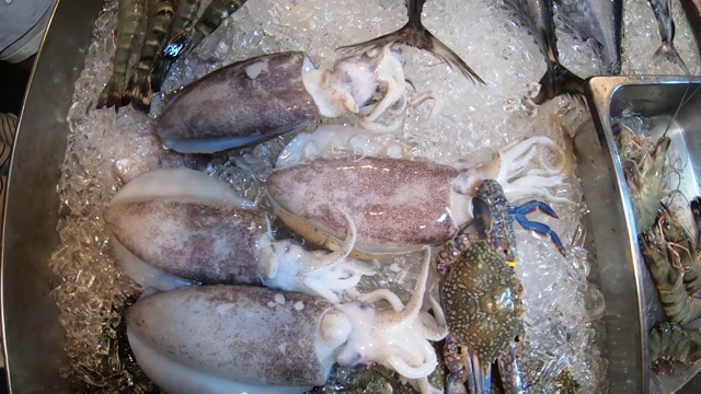 詳情圖-街頭市場柜臺的各種新鮮海鮮。螃蟹、蝦、魷魚、章魚、魚和貽貝冰鎮(zhèn)。