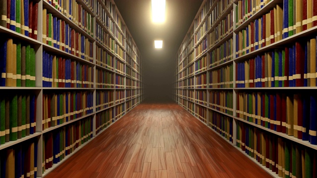 在大学图书馆书架之间循环移动，每个书架上都有很多书