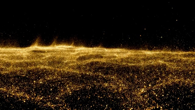 黄金的天空。抽象的星尘烟雾波粒子。具有三维粒子的纳米动态流。烟雾动态波浪效果流4k