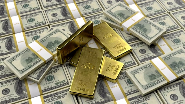 详情图-金条躺在旧的美元样本钞票上的特写。成功的概念在商业，金融，银行