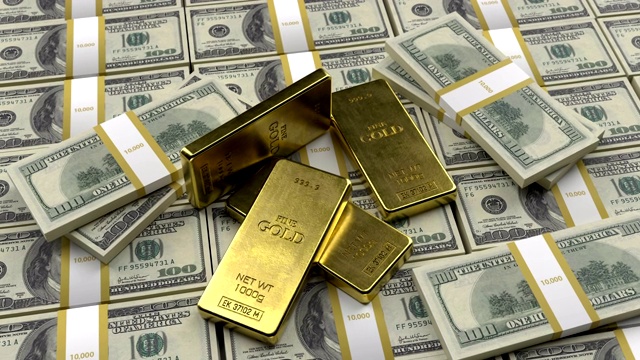 详情图-金条躺在旧的美元样本钞票上的特写。成功的概念在商业，金融，银行