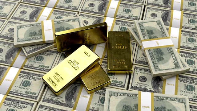 详情图-金条躺在旧的美元样本钞票上的特写。成功的概念在商业，金融，银行