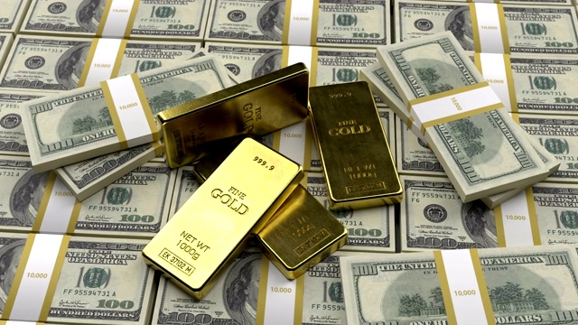 详情图-金条躺在旧的美元样本钞票上的特写。成功的概念在商业，金融，银行