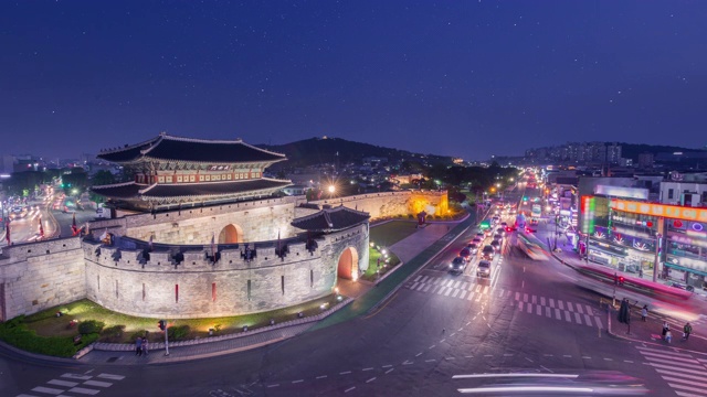 水原交通在长安门，华城要塞，韩国传统建筑，韩国，4k时光流逝。