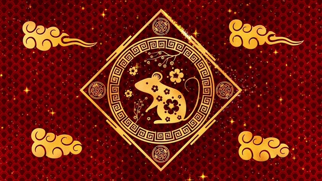 农历新年，春节背景有金鼠、红丝图案。春节红纸背景的节日活动。3 d渲染动画。无缝循环4 k