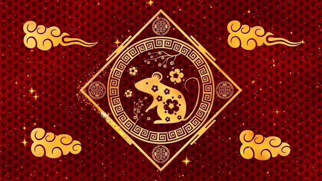 詳情圖-農(nóng)歷新年，春節(jié)背景有金鼠、紅絲圖案。春節(jié)紅紙背景的節(jié)日活動。3,d渲染動畫。無縫循環(huán)4,k