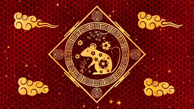 詳情圖-農(nóng)歷新年，春節(jié)背景有金鼠、紅絲圖案。春節(jié)紅紙背景的節(jié)日活動。3,d渲染動畫。無縫循環(huán)4,k