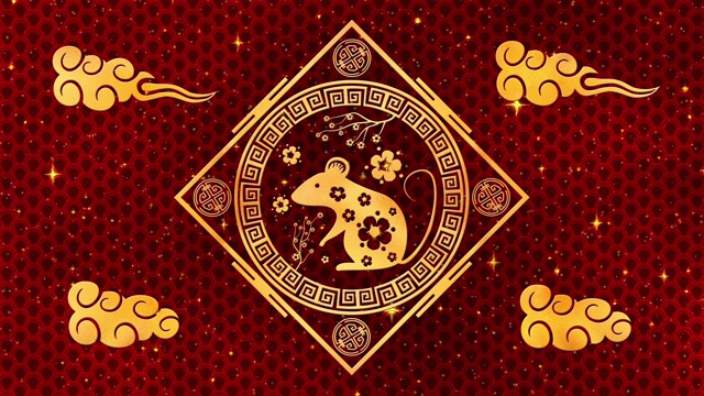 詳情圖-農(nóng)歷新年，春節(jié)背景有金鼠、紅絲圖案。春節(jié)紅紙背景的節(jié)日活動。3,d渲染動畫。無縫循環(huán)4,k
