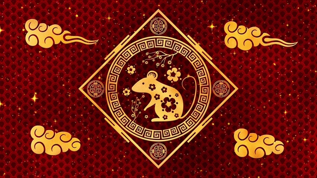 詳情圖-農(nóng)歷新年，春節(jié)背景有金鼠、紅絲圖案。春節(jié)紅紙背景的節(jié)日活動。3,d渲染動畫。無縫循環(huán)4,k
