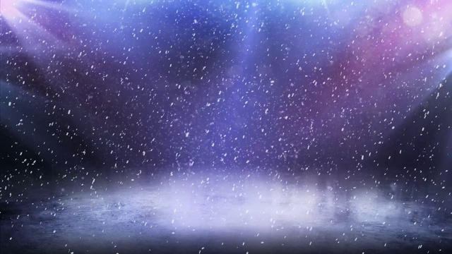 空的冬季背景和空的溜冰场与灯光在4K。飘落的雪花