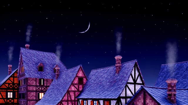 在宁静的夜晚，烟囱里冒着烟的乡村房屋屋顶