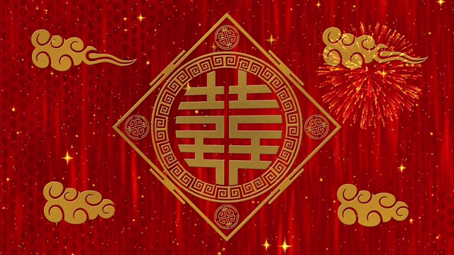 农历新年、春节以双喜临门为背景，象征彩云、星光闪烁。中国新年红纸背景活动。3 d渲染动画。无缝循环4k视频