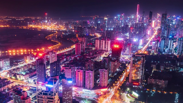 中国深圳夜景天际线的时间流逝