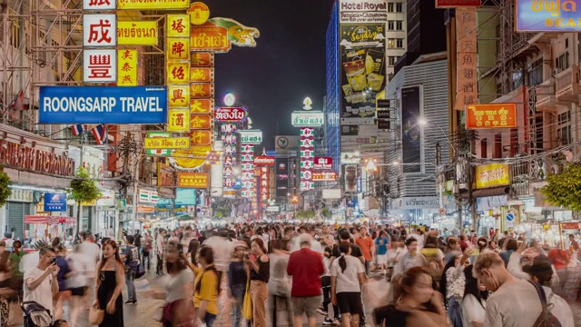 4K分辨率的Time Lapse挤满了在唐人街购物的人，在泰国曼谷，夜市街著名的地方，泰国曼谷的旅游景点地标，亚洲城市的生活方式