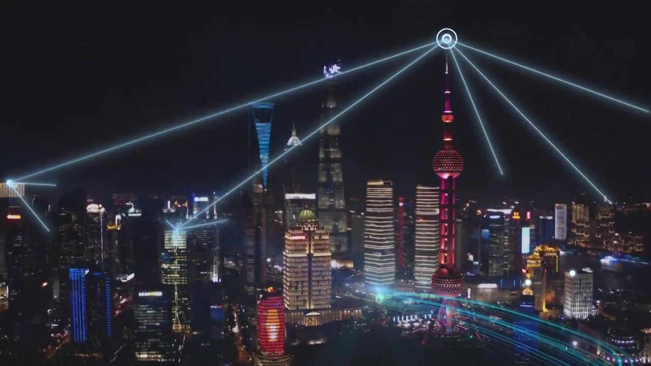 詳情圖-中國(guó)上海鳥瞰圖。通過(guò)5G、智慧城市和通信網(wǎng)絡(luò)概念、大數(shù)據(jù)數(shù)字城市連接空中城市。