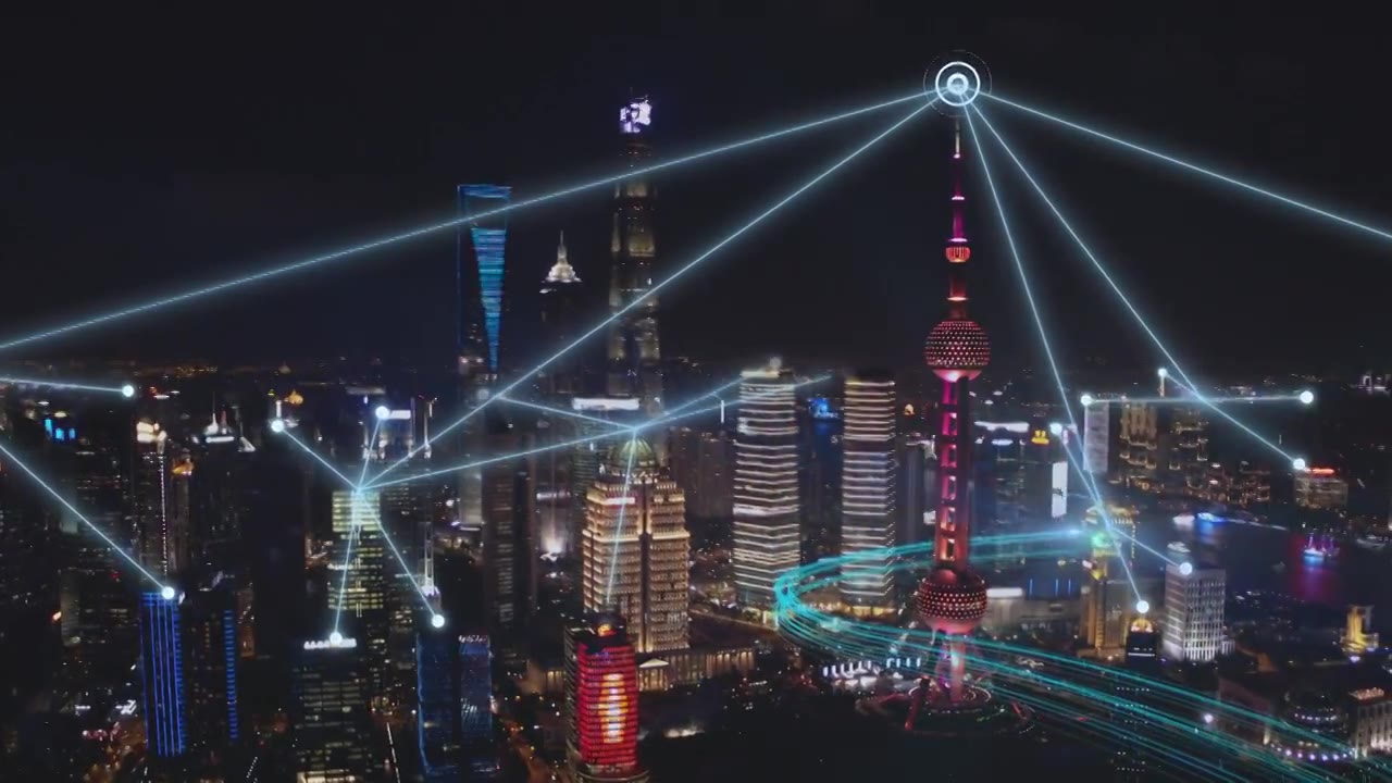 詳情圖-中國(guó)上海鳥瞰圖。通過(guò)5G、智慧城市和通信網(wǎng)絡(luò)概念、大數(shù)據(jù)數(shù)字城市連接空中城市。