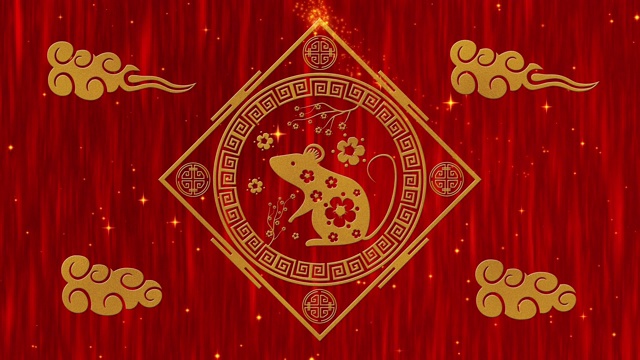 农历新年，春节的背景有金老鼠，星星和云彩。春节红纸背景的节日活动。3 d渲染动画。无缝循环4k视频
