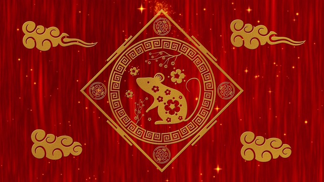 詳情圖-農(nóng)歷新年，春節(jié)的背景有金老鼠，星星和云彩。春節(jié)紅紙背景的節(jié)日活動(dòng)。3,d渲染動(dòng)畫(huà)。無(wú)縫循環(huán)4k視頻