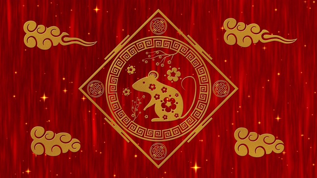 詳情圖-農(nóng)歷新年，春節(jié)的背景有金老鼠，星星和云彩。春節(jié)紅紙背景的節(jié)日活動(dòng)。3,d渲染動(dòng)畫(huà)。無(wú)縫循環(huán)4k視頻
