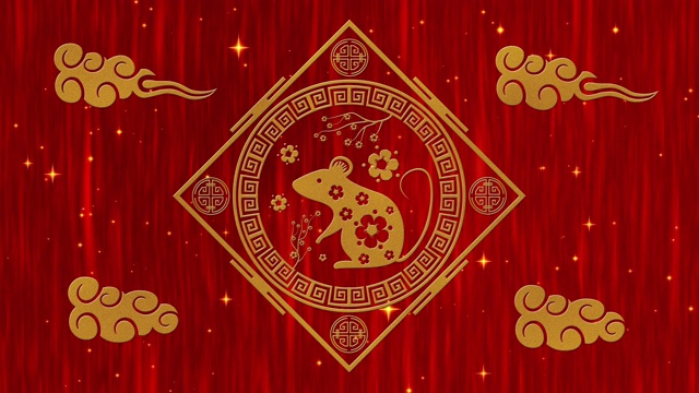 詳情圖-農(nóng)歷新年，春節(jié)的背景有金老鼠，星星和云彩。春節(jié)紅紙背景的節(jié)日活動(dòng)。3,d渲染動(dòng)畫(huà)。無(wú)縫循環(huán)4k視頻
