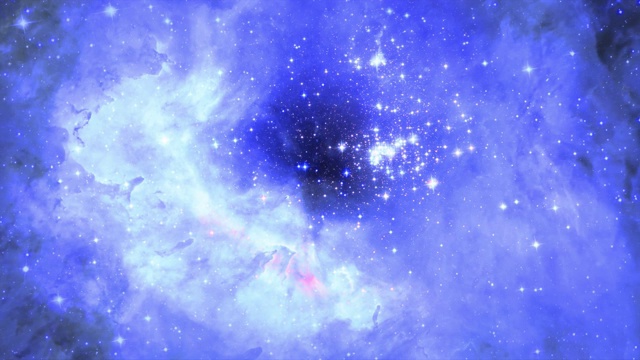 详情图-在云和气体的背景下，星星从观众身边飞过。计算机生成的蓝色空间背景。镜头掠过一片星空。