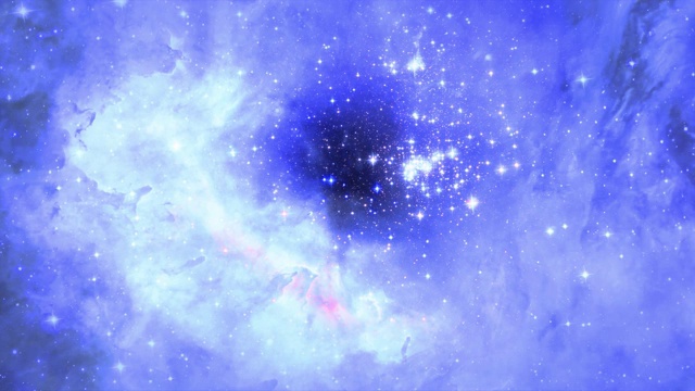 详情图-在云和气体的背景下，星星从观众身边飞过。计算机生成的蓝色空间背景。镜头掠过一片星空。