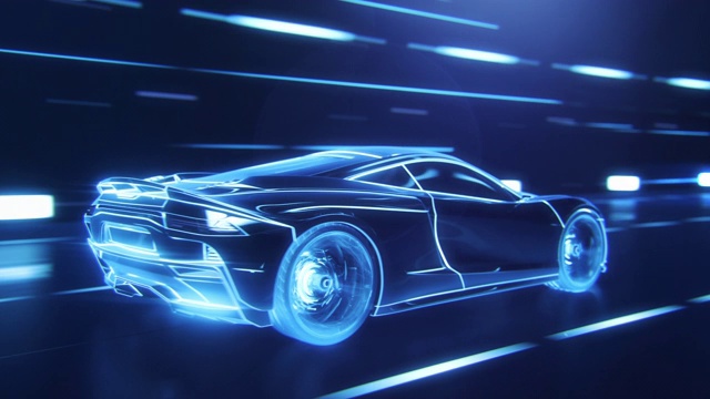 詳情圖-3D汽車模型:跑車在高速行駛的詳細(xì)剪影，賽車通過(guò)隧道進(jìn)入光。用藍(lán)色線條制成的藍(lán)色超級(jí)跑車在高速公路上快速行駛。視效特殊效果