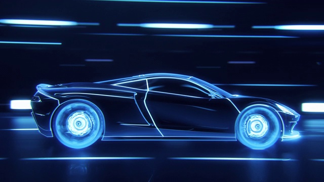 詳情圖-3D汽車模型:跑車在高速行駛的詳細(xì)剪影，賽車通過(guò)隧道進(jìn)入光。用藍(lán)色線條制成的藍(lán)色超級(jí)跑車在高速公路上快速行駛。視效特殊效果
