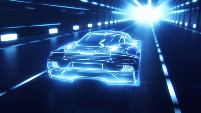 詳情圖-3D汽車模型:跑車在高速行駛的詳細(xì)剪影，賽車通過(guò)隧道進(jìn)入光。用藍(lán)色線條制成的藍(lán)色超級(jí)跑車在高速公路上快速行駛。視效特殊效果