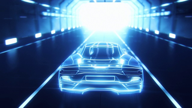 詳情圖-3D汽車模型:跑車在高速行駛的詳細(xì)剪影，賽車通過(guò)隧道進(jìn)入光。用藍(lán)色線條制成的藍(lán)色超級(jí)跑車在高速公路上快速行駛。視效特殊效果